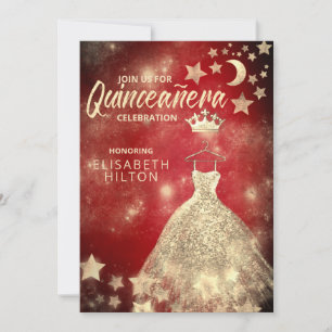 Invitation Séquences d'or étoiles lune Quinceañera rouge Invi