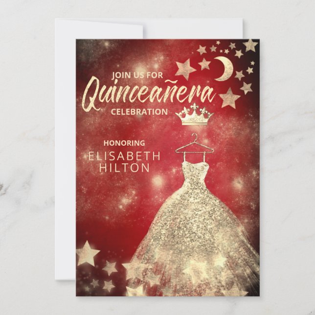Invitation Séquences d'or étoiles lune Quinceañera rouge Invi (Devant)