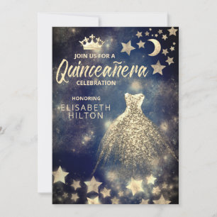 Invitation Séquences d'or robe étoiles lune Quinceañera bleu