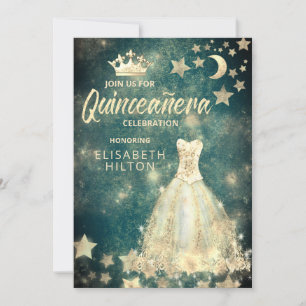 Invitation Séquences d'or robe étoiles lune Quinceañera vert