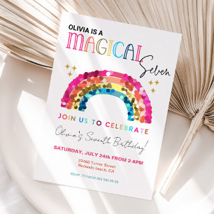 Invitation Séquin coloré arc-en-ciel 7e anniversaire magique