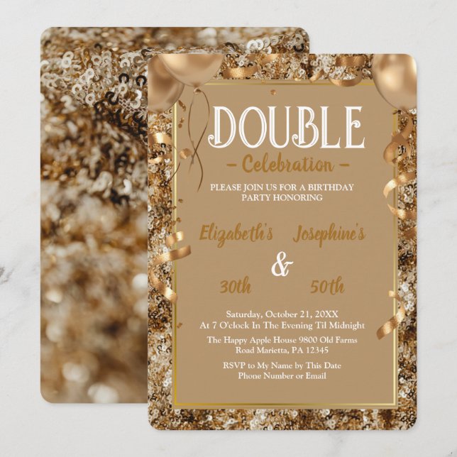 Invitation Séquines d'or Double adulte mixte fête d'anniversa (Devant / Derrière)