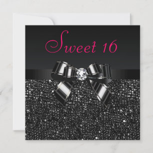 Invitation Séquines noires imprimées, sucré rose Bow & Diamon