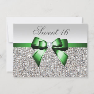 Invitation Séquins d'argent Faux Emerald Bow Diamond Sweet 16
