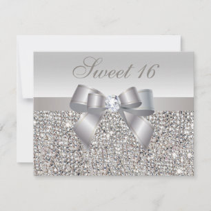 Invitation Séquins d'argent imprimé, Bow & Diamond Sweet 16