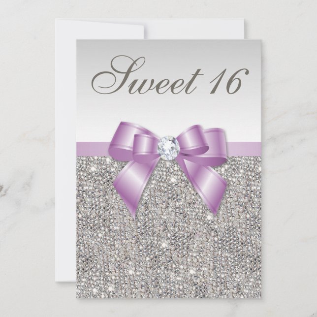 Invitation Séquins d'argent Lilac Faux Bow Sweet 16 (Devant)