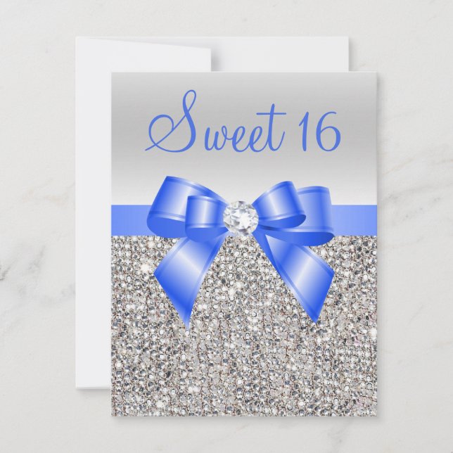 Invitation Séquins d'argent Royal Blue Bow Sweet 16 (Devant)
