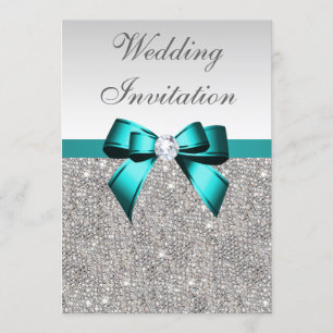 Invitation Séquins d'argent Vibrant Turquoise Mariage de bow