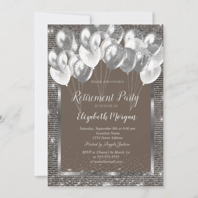 Invitation Séquins de trame argent Ballons Retraite Brown (Devant)