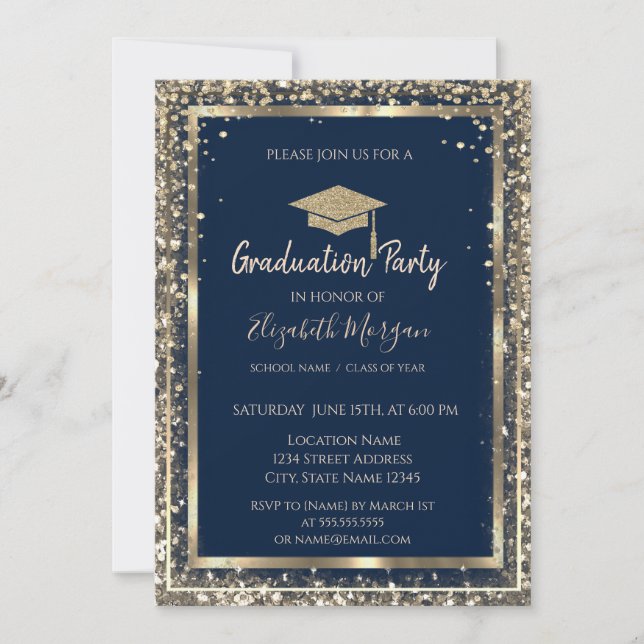 Invitation Séquins Diamants Gold Grad Casquette Blue Graduati (Devant)