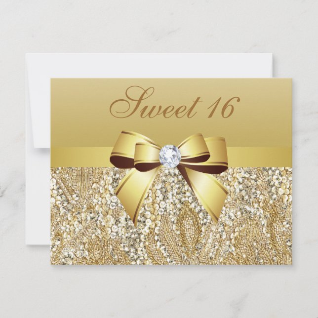 Invitation Séquins d'or, Bow & Diamond Sweet 16 (Devant)