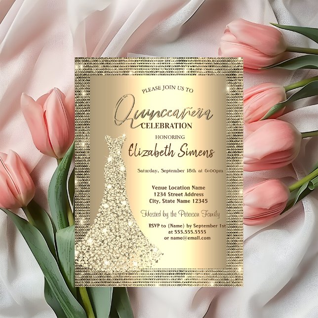 Invitation Séquins d'or, Chic Diamonds Robe Quinceañera (Créateur téléchargé)