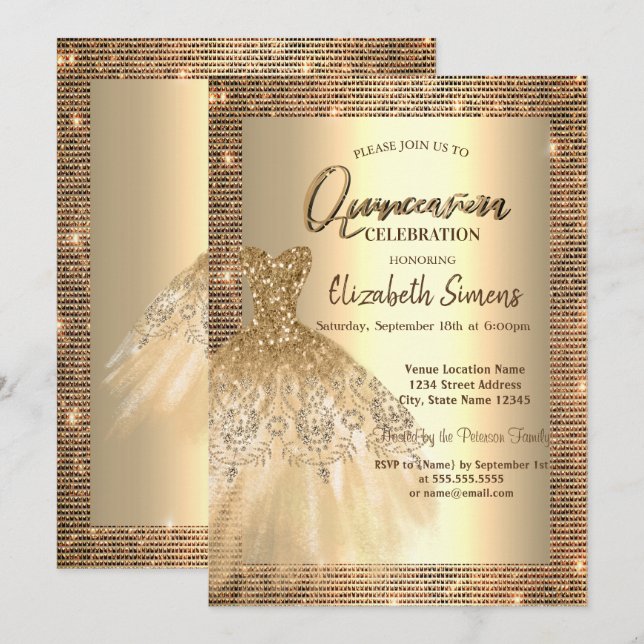 Invitation Séquins d'or, Robe Chic Quinceañera (Devant / Derrière)