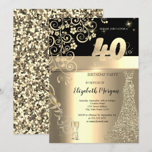 Invitation Séquins d'or Robe Fleurs de verre 40e anniversaire