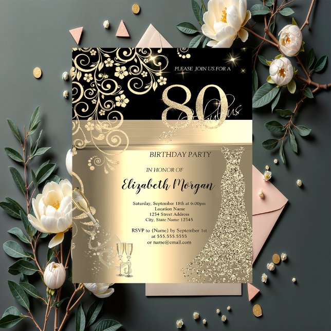 Invitation Séquins d'or Robe Fleurs de verre 80e anniversaire (Créateur téléchargé)