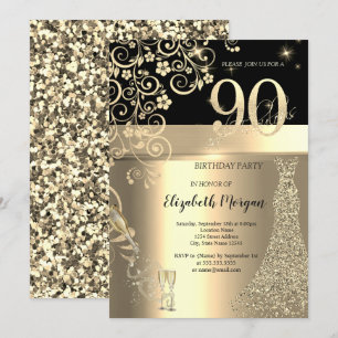 Invitation Séquins d'or Robe Fleurs de verre 90e anniversaire