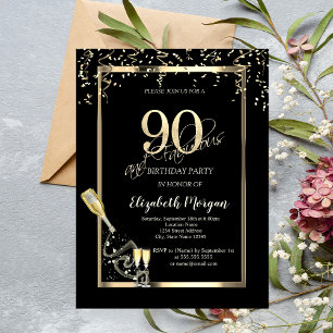Invitation Sequins Dorés, Bouteille de Verre à Vin 90ème Anni