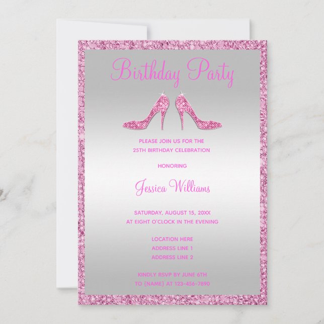 Invitation Séquins et Stilettos rose Glitzy 25e anniversaire (Devant)