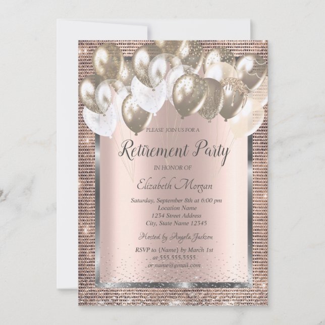Invitation Sequins Frame Balloons Rose Gold Retirement (Devant)