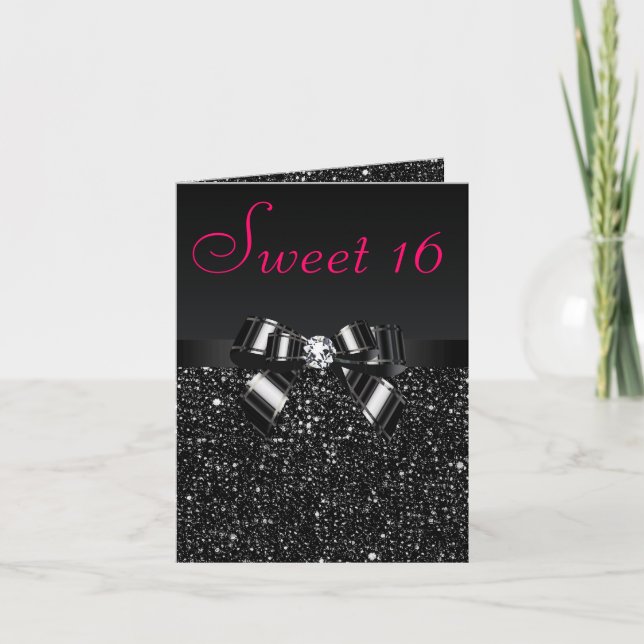 Invitation Séquins noirs, Bow & Diamond Sweet 16 (Devant)