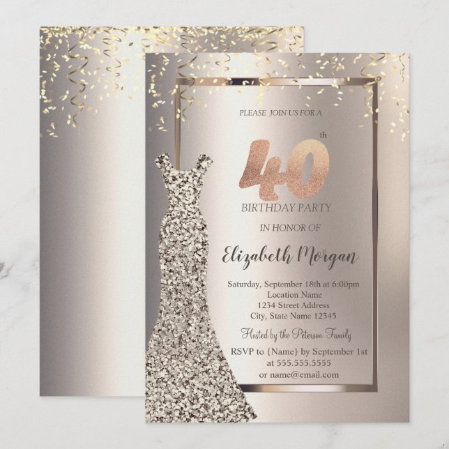 Invitation Sequins Robe Confetti Ivoire 40e anniversaire (Devant / Derrière)