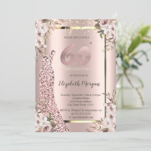 Invitation Séquins Robe Fleurs de Blush 60e anniversaire