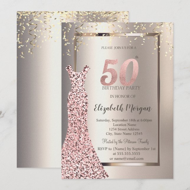 Invitation Séquins Rose Robe d'or ivoire 50e anniversaire (Devant / Derrière)