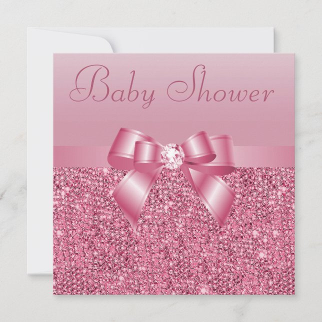 Invitation Séquins roses, Bow & Diamond Baby shower (Devant)
