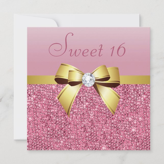 Invitation Séquins roses, Bow or & Diamond Sweet 16 (Devant)