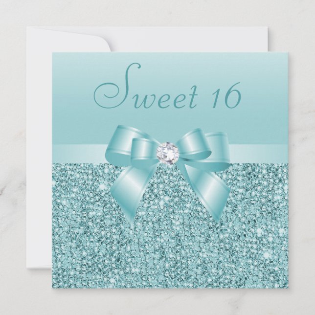Invitation Séquins turquoises, Bow & Diamond Sweet 16 (Devant)
