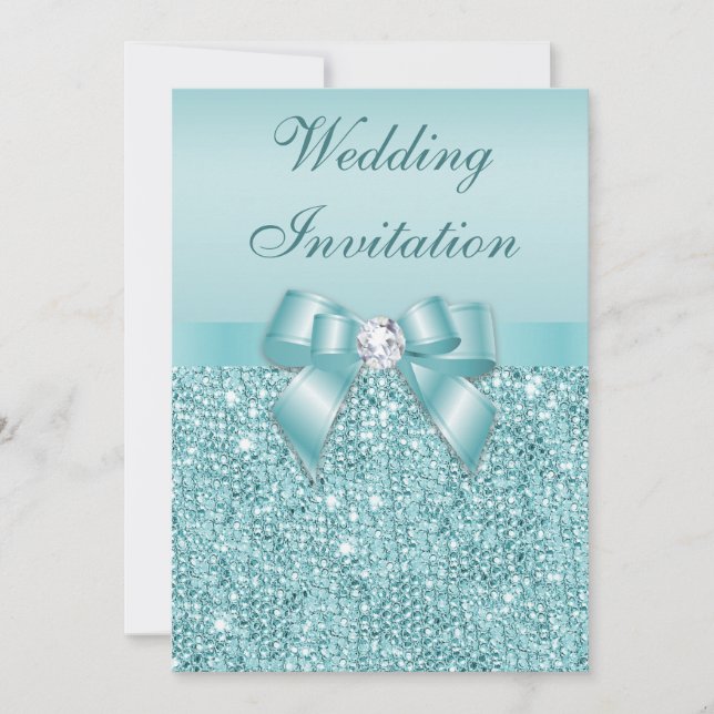 Invitation Séquins Turquoises imprimés Diamants Faux Bow Mari (Devant)