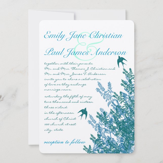 Invitation Serenity Blue et Aqua Floral Wedding invite (Devant)