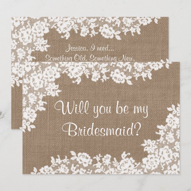Invitation Serez-Vous Ma Femme D'Accueil ? Burlap et dentelle (Devant / Derrière)