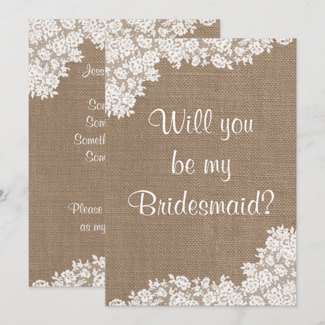 Invitation Serez-Vous Ma Femme D'Accueil ? Burlap et dentelle (Devant / Derrière)