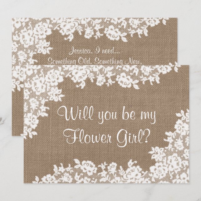 Invitation Serez-Vous Ma Fille Fleur ? Burlap et dentelle rus (Devant / Derrière)