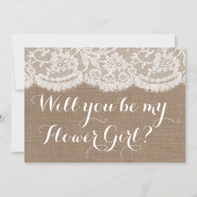 Invitation Serez-Vous Ma Fille Fleur ? Burlap et dentelle rus (Devant)