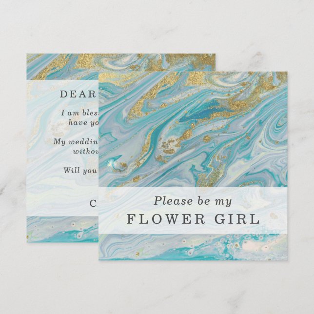 Invitation Serez-Vous Ma Flower Girl Turquoise & Gold Card (Devant / Derrière)