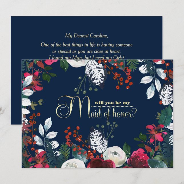 Invitation Serez-vous ma servante d'honneur ? Bleu Marine | B (Devant / Derrière)