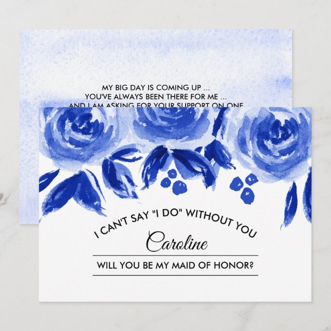 Invitation Serez-vous ma servante d'honneur ? Royal Blue Flor (Devant / Derrière)