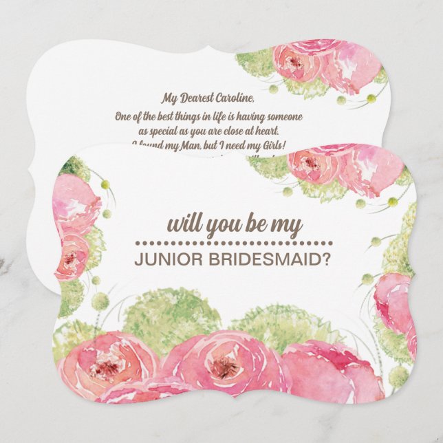 Invitation Serez-vous ma servante Jr Bridesmaid ? Rose romant (Devant / Derrière)