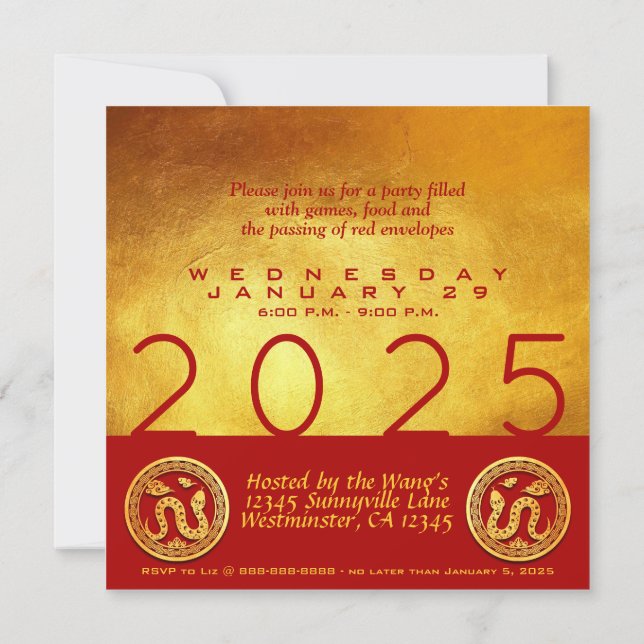 Invitation Serpent du Nouvel An chinois 2025 Red Gold Party S (Dos)