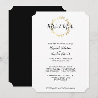 Invitation Serre de feuille d'or et Mariage de script noir et