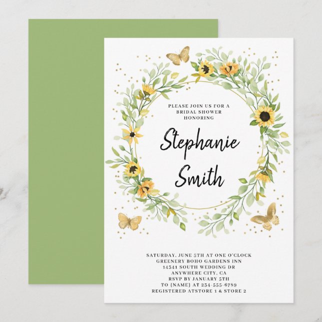 Invitation Serre de tournesol avec Fête des mariées de papill (Devant / Derrière)