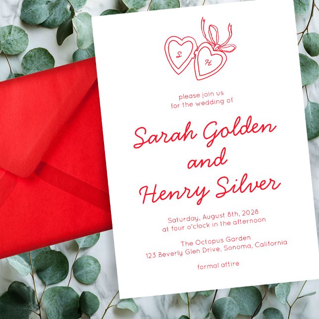 Invitation Serrure de coeur Whimsical Doodle Croquis moderne  (Whimsical Heart Locket Doodle Sketch Modern CUSTOM Invitation Red White)
