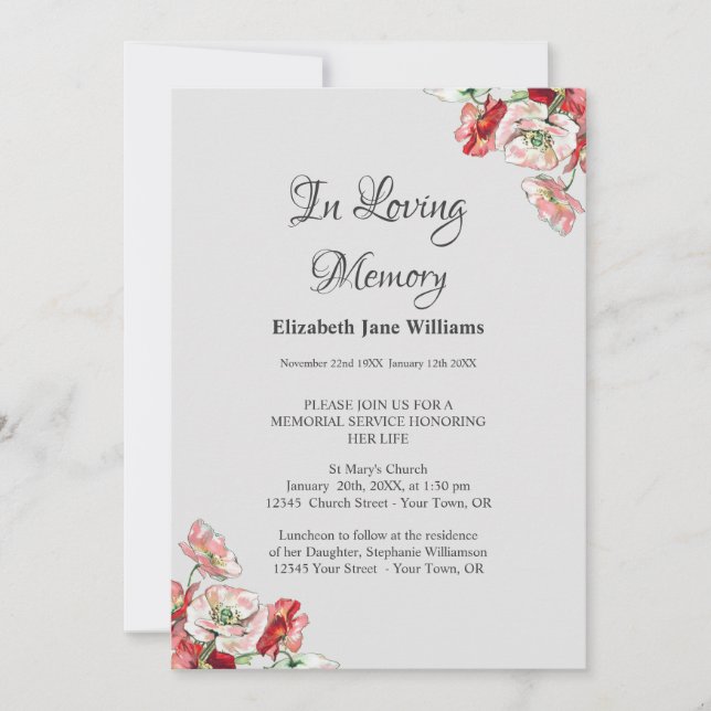 Invitation Service commémoratif Célébration de la vie | Poppy (Devant)
