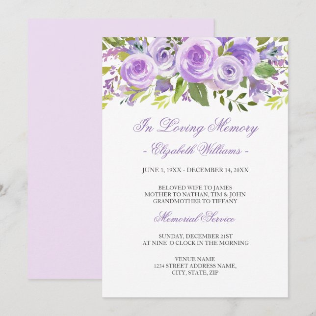 Invitation Service commémoratif de Rose floral de lavande vio (Devant / Derrière)
