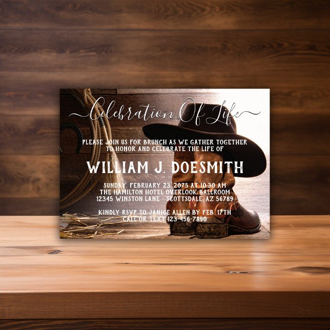 Invitation Service commémoratif funéraire Casquette des botte (Cowboy memorial service and funeral announcement. Simply add your event details.)