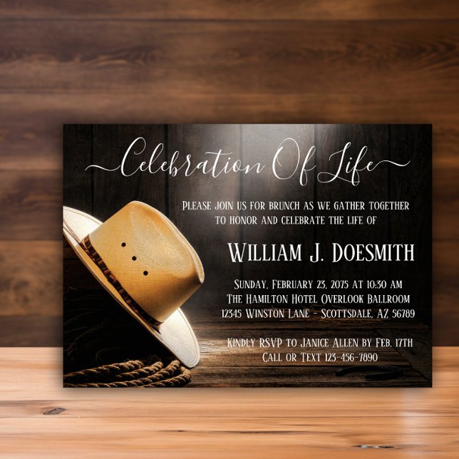 Invitation Service commémoratif funéraire de Cowboy (Cowboy hat and rope memorial and funeral announcement. Simply add your event details.)