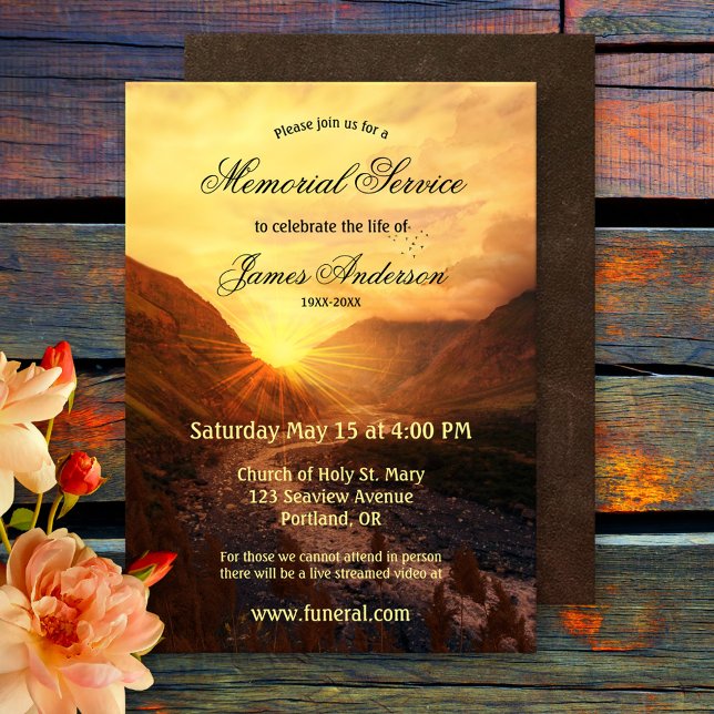 Invitation Service commémoratif funéraire de Mountain Sunset (Memorial, funeral service or celebration of life invitation featuring a sunset over the mountains)