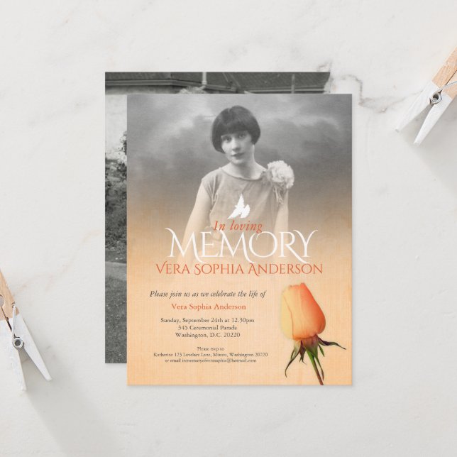 Invitation Service commémoratif photo apricot orange rose fun (Devant/Arrière en situation)